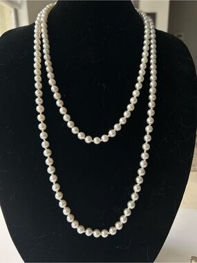 Extra long 60” 8mm one strand faux, knotted pearls